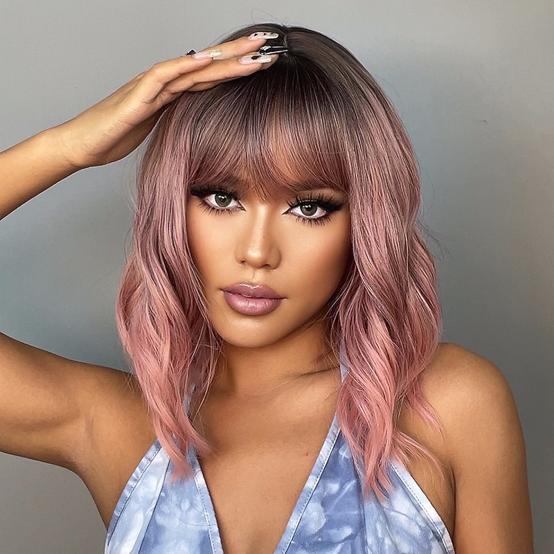Pink Ombre Brown Auburn Wine Green Bob Wig with Bangs for African American Women 18inch Synthetic Curly Wigs Natural Scalp Daily Party Christmas Wigs2