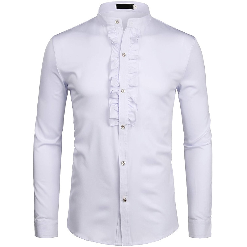 Men's Chinese Collar Shirt Mandarin Collar Shirt Prom Shirt Tuxedo Shirts Solid Colored Outdoor Party Black White Long Sleeve Stand Collar Summer Spring Clothing Apparel Button-Down