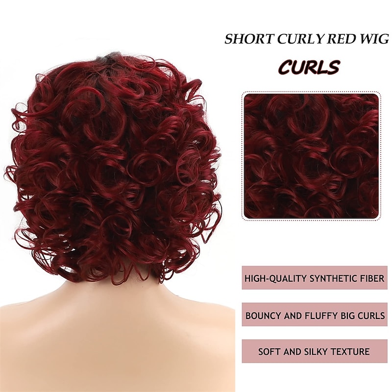Short Burgundy Curly Wigs for Black Women Ombre Wine Red Full Curly Wigs Natural Looking Synthetic Burgundy Short Hair Wigs4