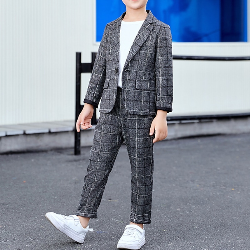 3 Pieces Ring Bearer Suit Boys Kids Suit Formal Suit Suit & Blazer Clothing Set School Party Street Basic Formal Gentle Plaid Gray Polyester3