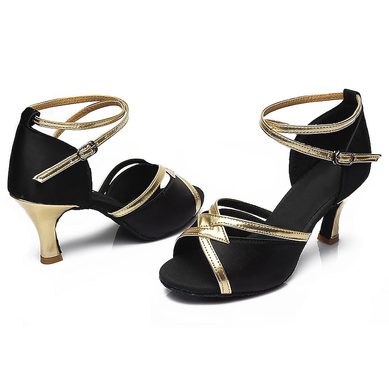 Women's Black and Gold Latin Dance Shoes – Suede Sole, Strappy Ankle Wrap, Ballroom Salsa Performance Heels2