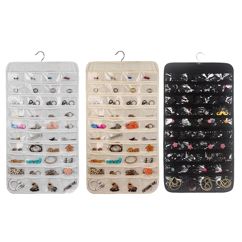 80 Pockets Double Sided Hanging Jewelry Display Organizer Storage Bag Non-woven Foldable Ring Necklace Bracelet Pouch2