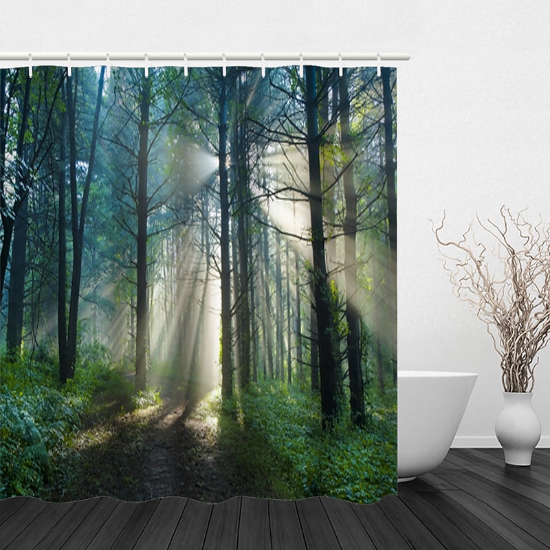 Shower Curtain with Hooks 180cm*180cm(70"*70") Polyester Washable Waterproof Sunshine Forest Landscape Pattern 12