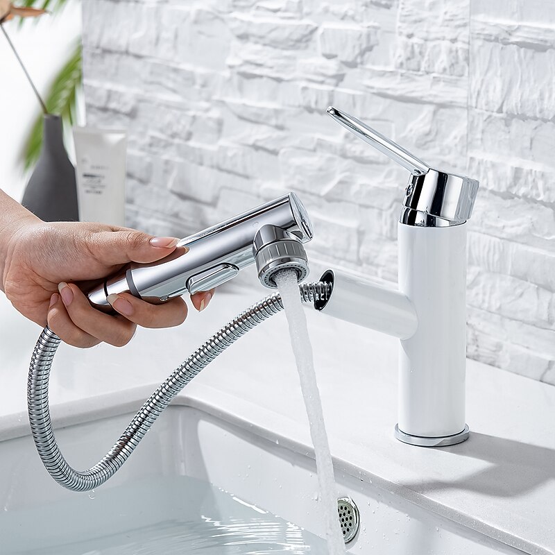 Bathroom Sink Mixer Faucet Pull Out Sprayer 2 Mode Spout with Stop Button, Single Handle Washroom Basin Taps Mono with Cold and Hot Hose Chrome Black Golden2