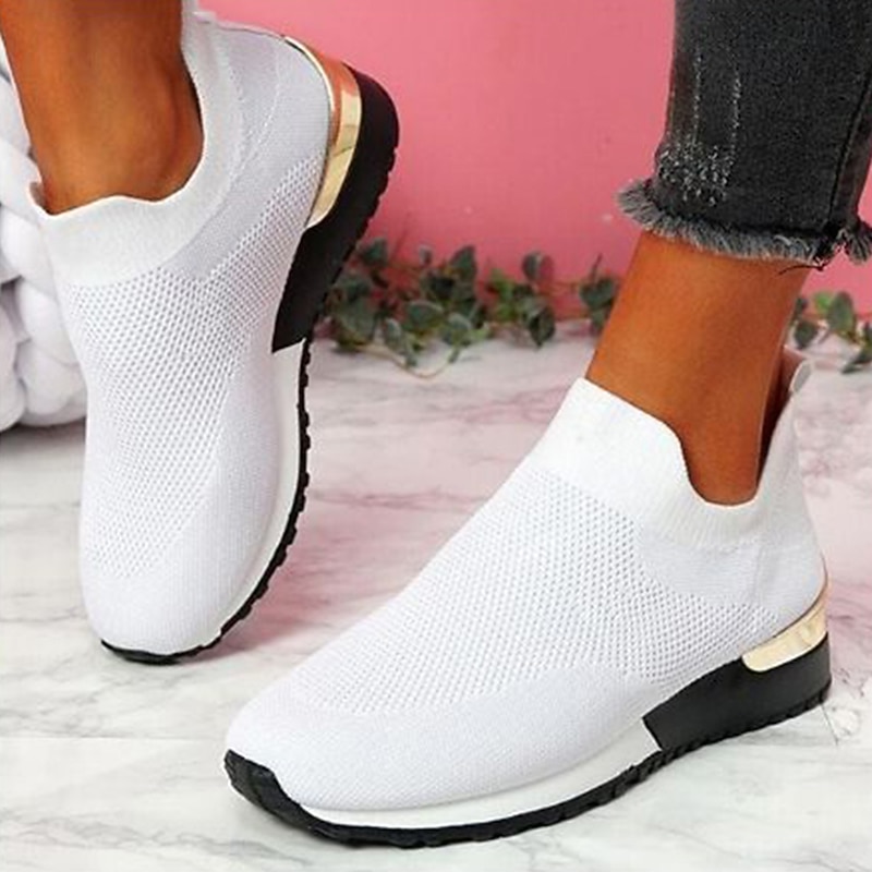 Women's White Slip-On Knit Sneakers – Breathable Lightweight Walking Shoes with Gold Heel Accent for Casual Wear, Travel, and Fitness