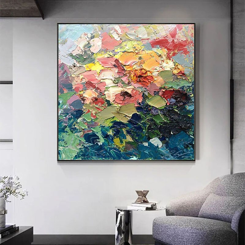 Oil Painting Hand Painted Square Abstract Floral / Botanical Classic Modern Rolled Canvas (No Frame)4