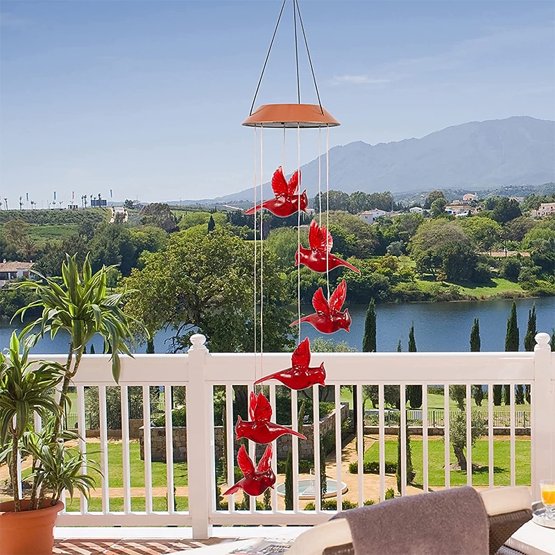 Solar Cardinal Red Bird Wind Chime LED Lights Spinners Spiral String Hanging Outdoor Garden Home Wall Decorations Red3