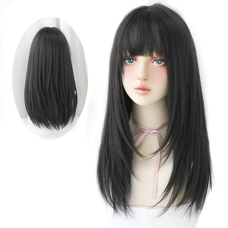 Black Wig With Bangs Long Black Straight Wig With Bangs Synthetic High Density Long Wig For Women