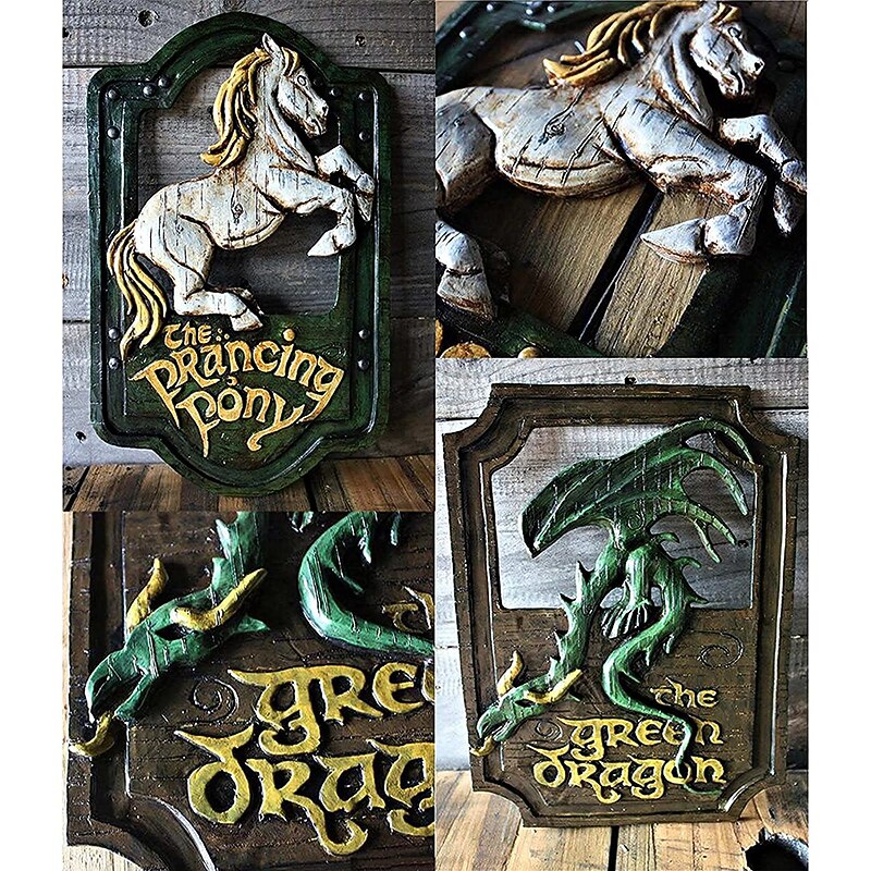 Resin Crafts Lord of The Rings The Prancing Pony and The Green Dragon Pub Signs Set Handmade Bar Style Sign Pub Home Office Garden Decorative Sign4