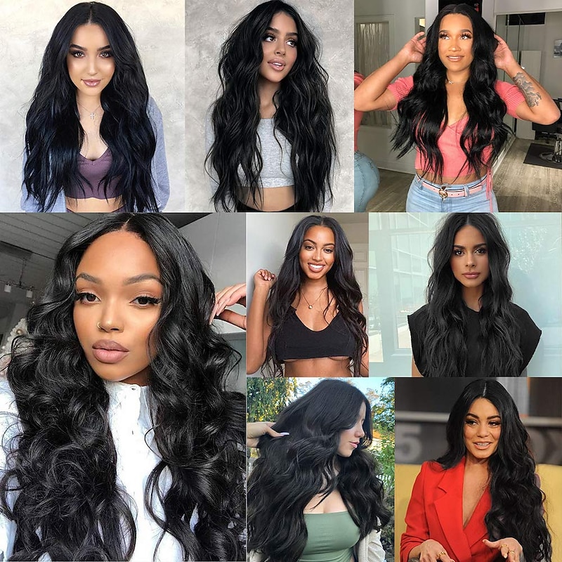 Long Black Wavy Wigs for Women Middle Part Curly Black Wig Natural Looking Synthetic Heat Resistant Fiber Wigs Hair Replacement Wigs for Daily Party Use Wig 24inch Christmas Party Wigs2