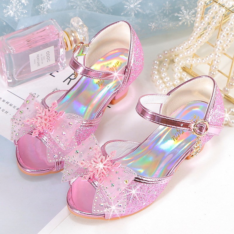 Girls' Pink Glitter Party Shoes – Peep-Toe Design, Bow and Rhinestone Decoration, Adjustable Strap, Perfect for Weddings and Special Occasions