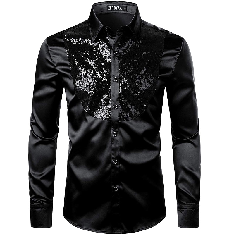 Men's Prom Shirt Disco Shirt Satin Silk Shirt Tuxedo Shirts Solid Color Wedding Party Black White Red Blue Long Sleeve Turndown Summer Spring Clothing Apparel Sequins4