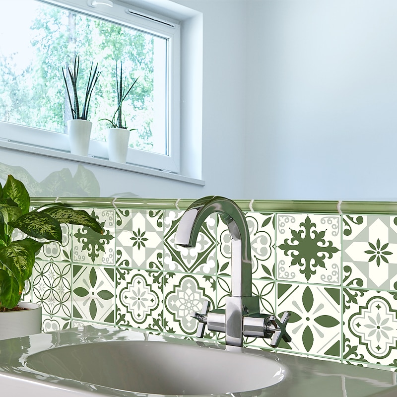 10PCS Kitchen Thickened Green Tile Stickers Self-adhesive Paper Green Tile Tile Sticker Bathroom Oil-proof Waterproof Removable Wall Sticker Floor Sticker3