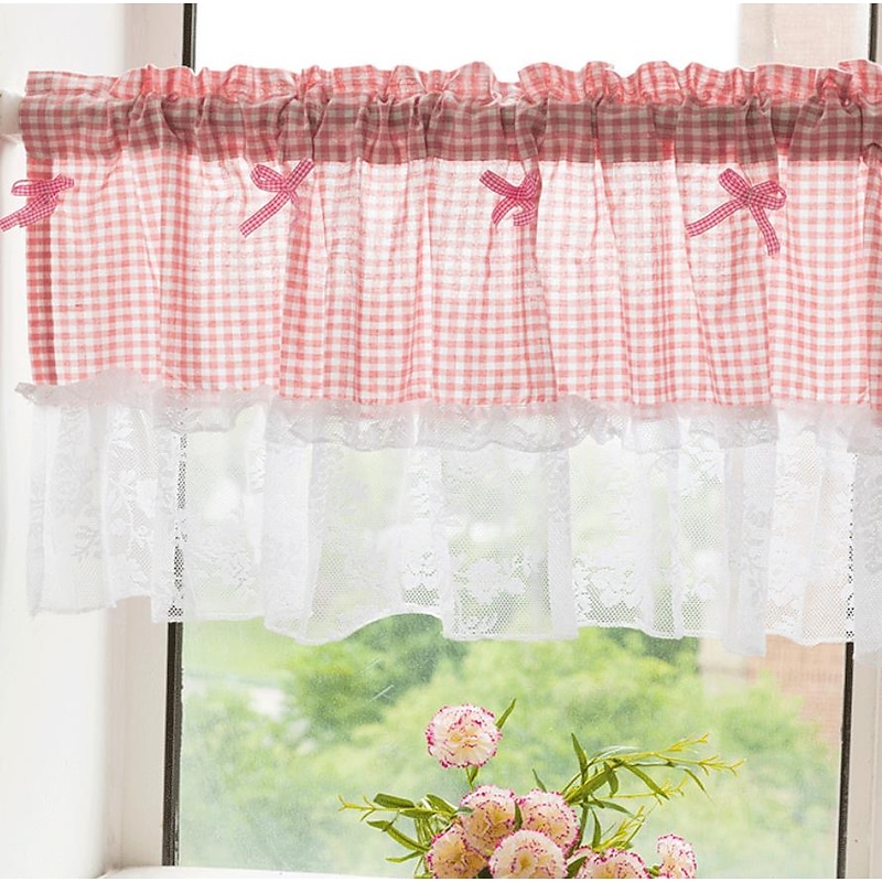 Kitchen Curtains, Valance Curtains, Short Cafe Curtains Farmhouse Tier Curtains Short Window Treatments With Lace 1 Panel Rod Pocket Plaid4