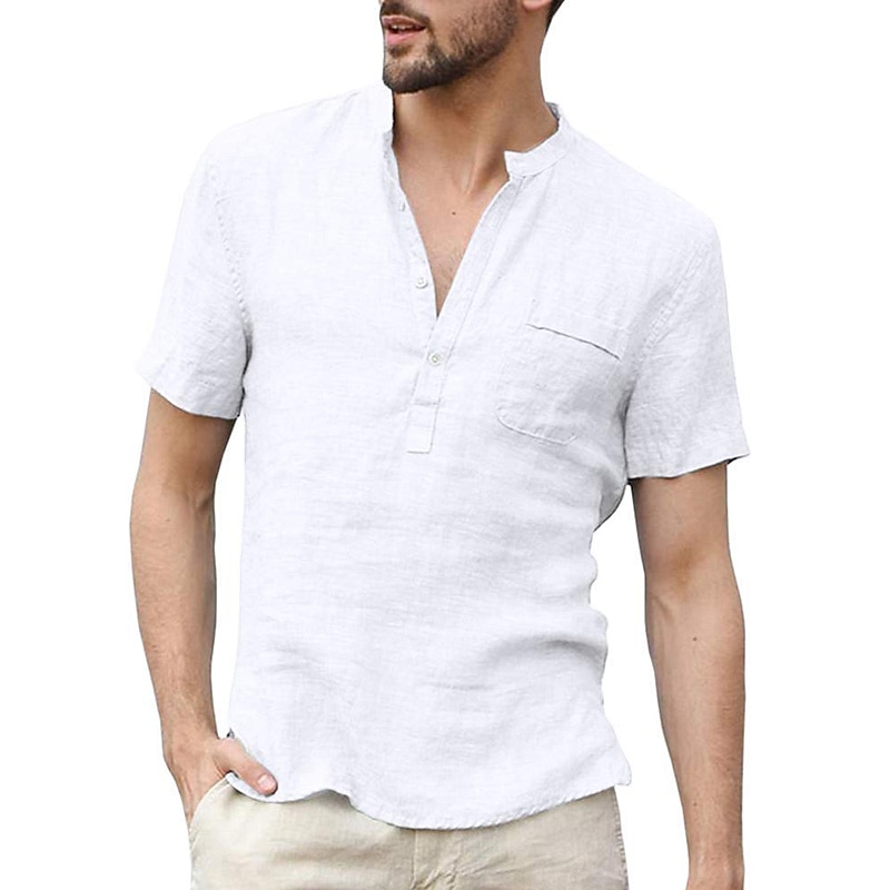 Men's Linen Shirt Band Collar Shirt Summer Shirt Beach Wear Casual Shirt Solid Color Outdoor Street Black White Light Green Blue Short Sleeve Henley Summer Spring Clothing Apparel Button-Down2