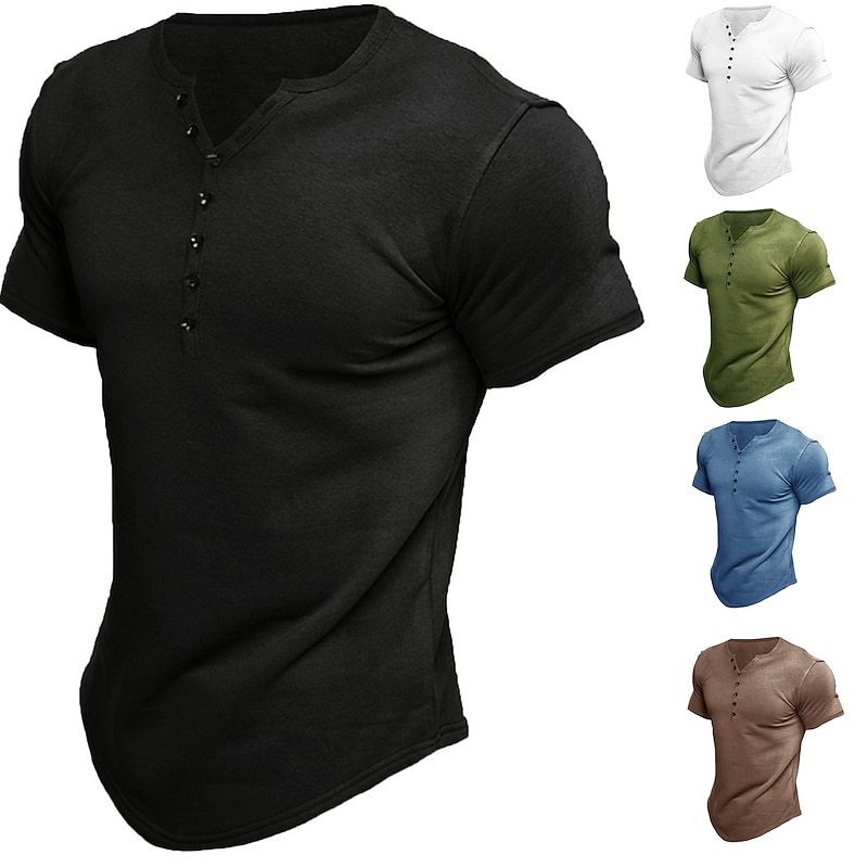 Men's Button T Shirt Henley Shirt Short Sleeve Standing Collar Spring & Summer Plain Sports Punk & Gothic Sports Leisure Sports Fitness White Blue Brown Top Tee for Men