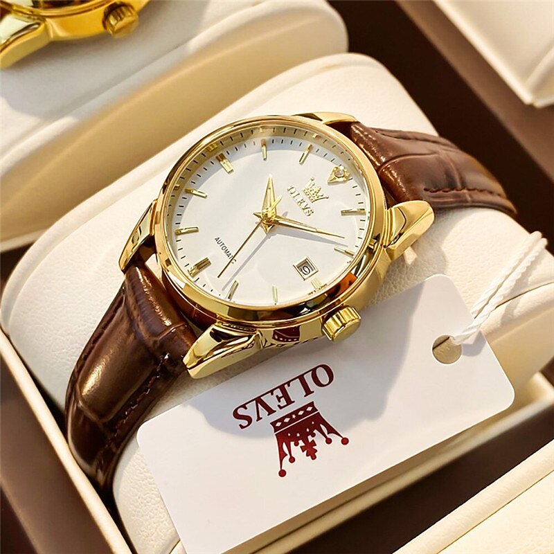 OLEVS Women Mechanical Watch Calendar Waterproof Noctilucent Genuine Leather Watch2