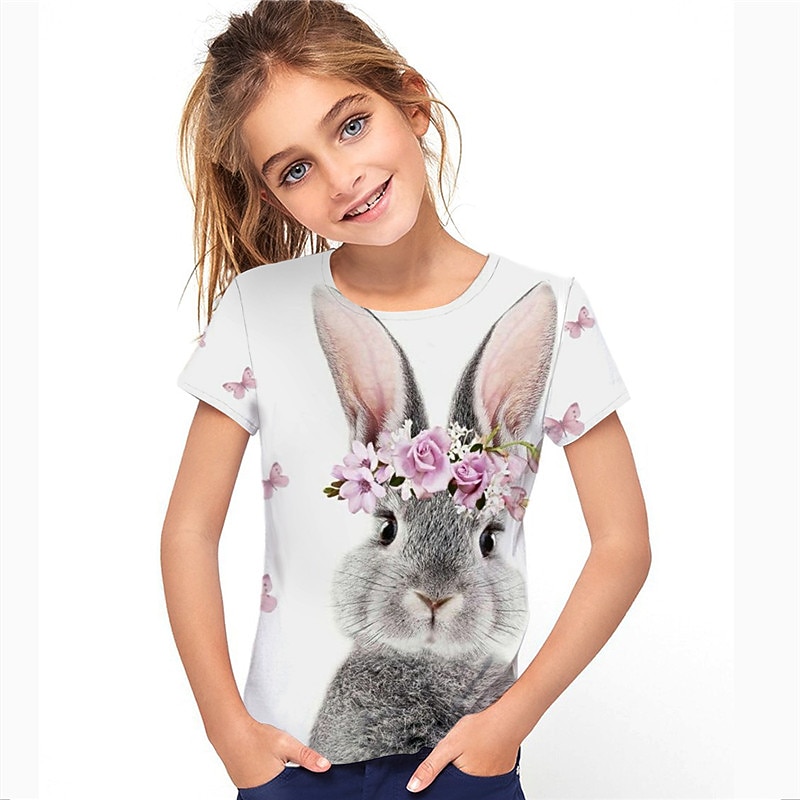 Easter Girls' 3D Floral Animal Rabbit T shirt Short Sleeve 3D Print Summer Spring Active Fashion Cute Kids 3-12 Years Outdoor Daily Indoor Regular Fit