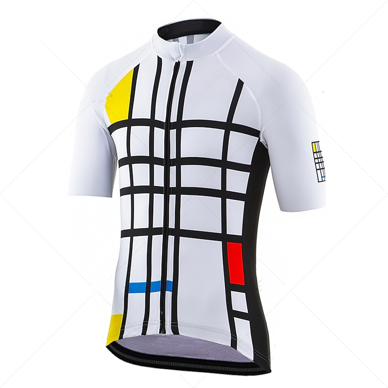 Men's Cycling Jersey Plaid Checkered Funny Short Sleeve Bike Jersey Top with 3 Rear Pockets Mountain Bike MTB Road Bike Cycling Quick Dry Reflective Strips Back Pocket Moisture Wicking Sports White