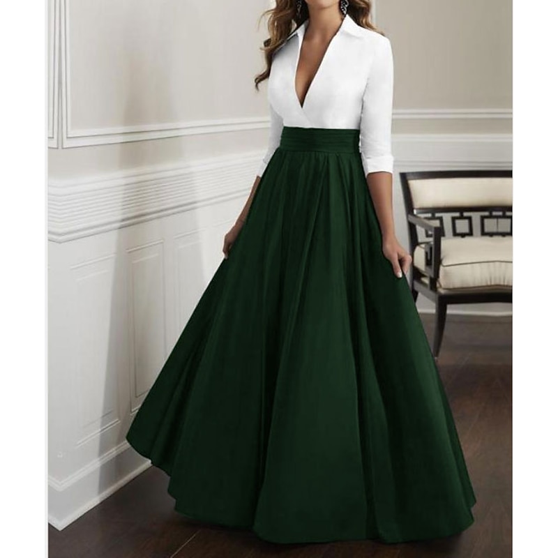 A-Line Mother of the Bride Dress Wedding Guest Elegant & Luxurious Plunging Neck Floor Length Satin Half Sleeve with Ruching4