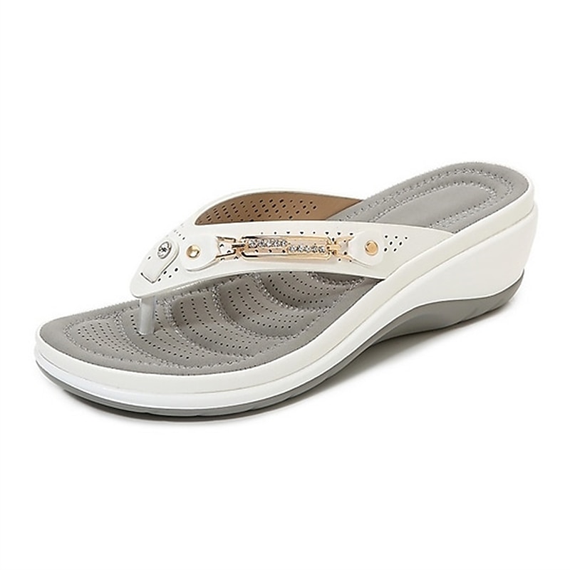 Women's White Wedge Flip-Flop Sandals with Rhinestone Accent – Comfortable Casual Summer Shoes2