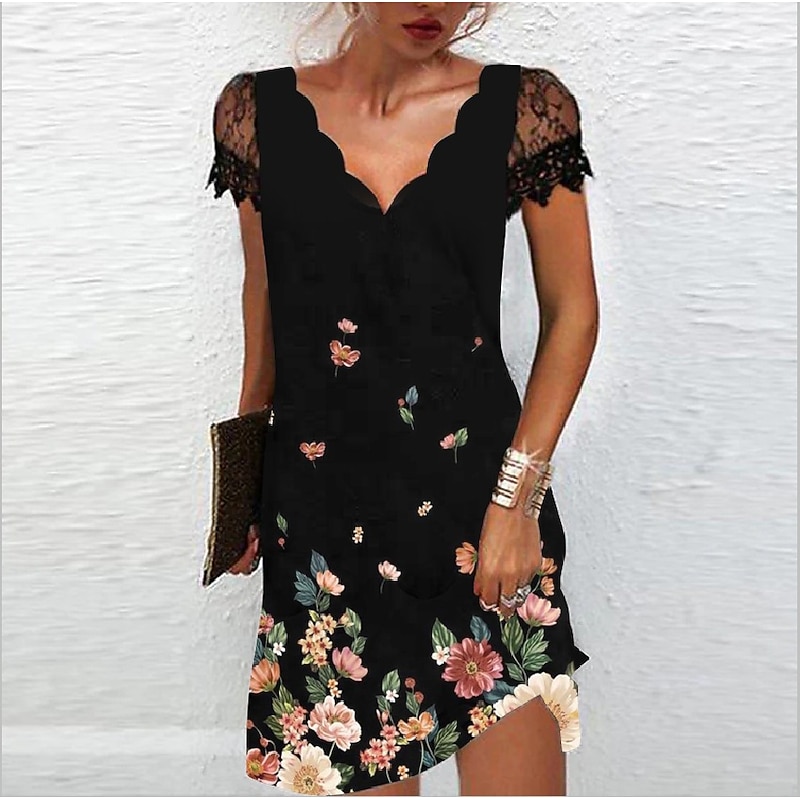 Women's Midi Dress Casual Dress Shift Dress Elegant Fashion Basic Lace Sleeve Vacation Daily Holiday Regular Fit Floral Short Sleeve V Neck Scalloped Neck Black Rainbow Summer Spring2