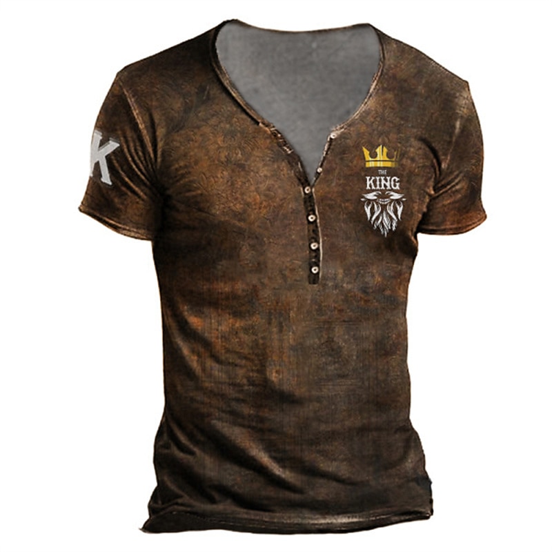 Men's T shirt Tee Henley Shirt Skull Graphic Prints Henley Black Army Green Brown Khaki 3D Print Outdoor Casual Short Sleeve Button-Down Print Clothing Apparel Stylish Lightweight Vintage Breathable3