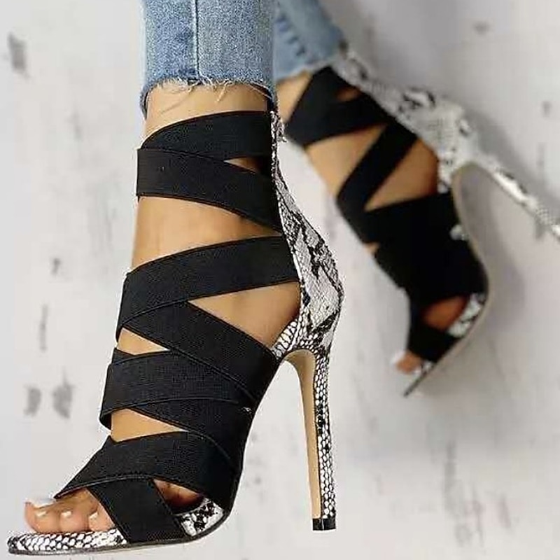 Black Women's High Heel Sandals with Snake Print Accents and Wrap-Around Straps for Fashion and Evening Wear2