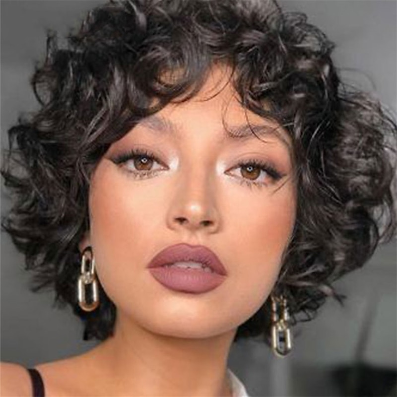 Human Hair Wig Curly With Bangs Black Soft Women Easy dressing Capless Brazilian Hair Women's Natural Black #1B 8 inch Party / Evening Daily Daily Wear
