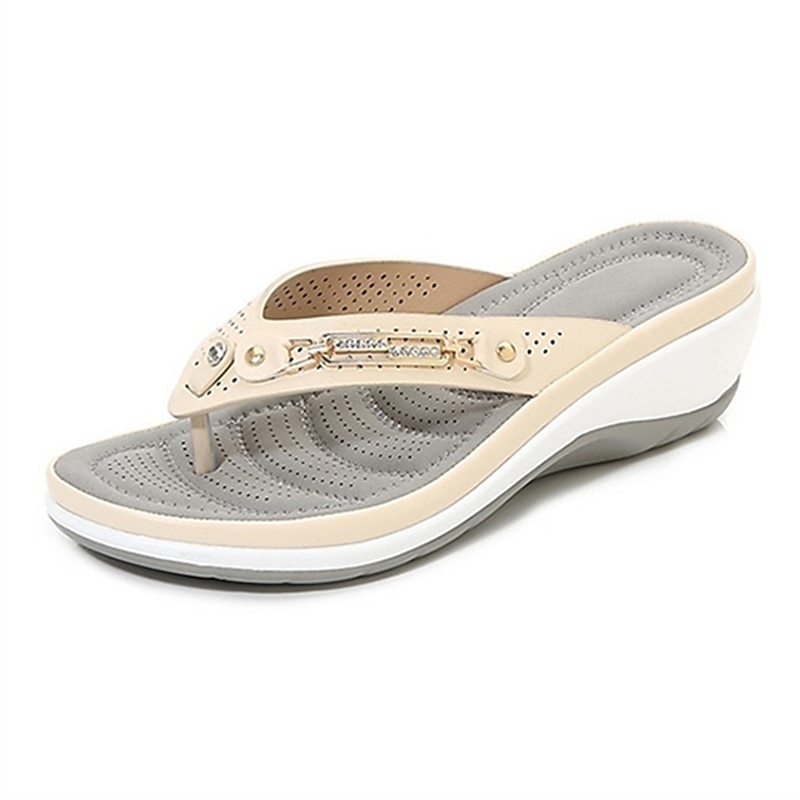 Women's White Wedge Flip-Flop Sandals with Rhinestone Accent – Comfortable Casual Summer Shoes3