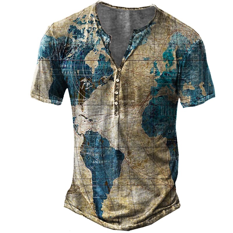 Men's Map Graphic Prints T Shirt Henley Shirt Short Sleeve 3D Print Vintage Sports Fashion Outdoor Street Daily Summer Blue Green Rainbow Light Blue Henley Henley T-Shirt3
