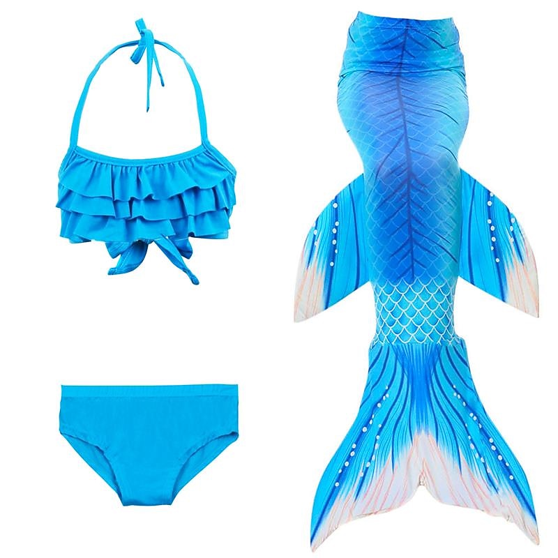 Kids Girls' Three Piece Mermaid Swimwear Swimwear Bikini Bikini Swimming Children's Day Color Block Cute Sexy Print Bathing Suits 3-10 Years Summer Blue3
