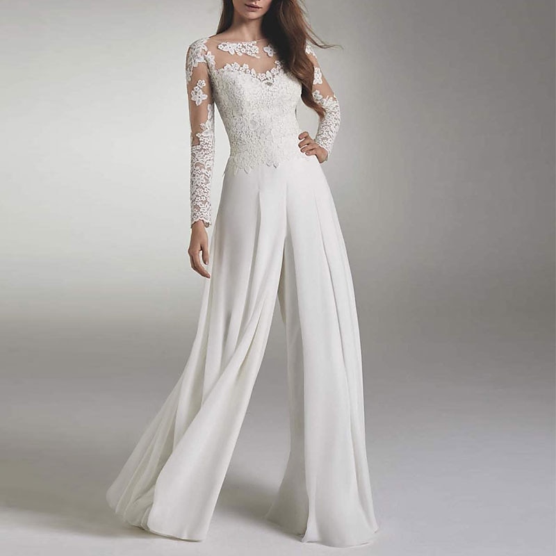 Beach Wedding Hall Casual Wedding Dresses Jumpsuits Illusion Neck Long Sleeve Floor Length Chiffon Bridal Gowns With Appliques