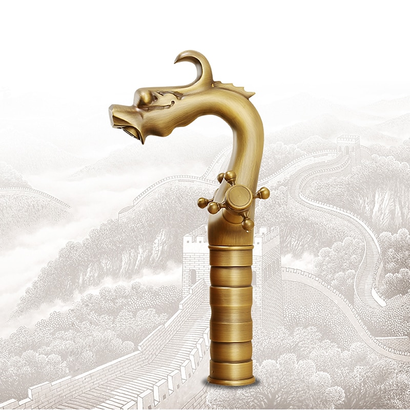 Vintage Bathroom Sink Mixer Faucet, Washroom Mono Basin Taps Classic Antique Brass Centerset Two Handles One Hole Water Tap with Cold Hot Hose2