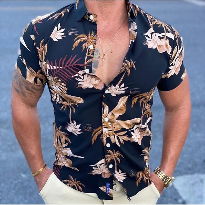 Men's Floral Palm Leaf Tropical Plants Shirt Summer Hawaiian Shirt Aloha Shirt Short Sleeve Shirt Classic Collar Vintage Designer Sexy Vacation Party Street Black Red Blue S M L