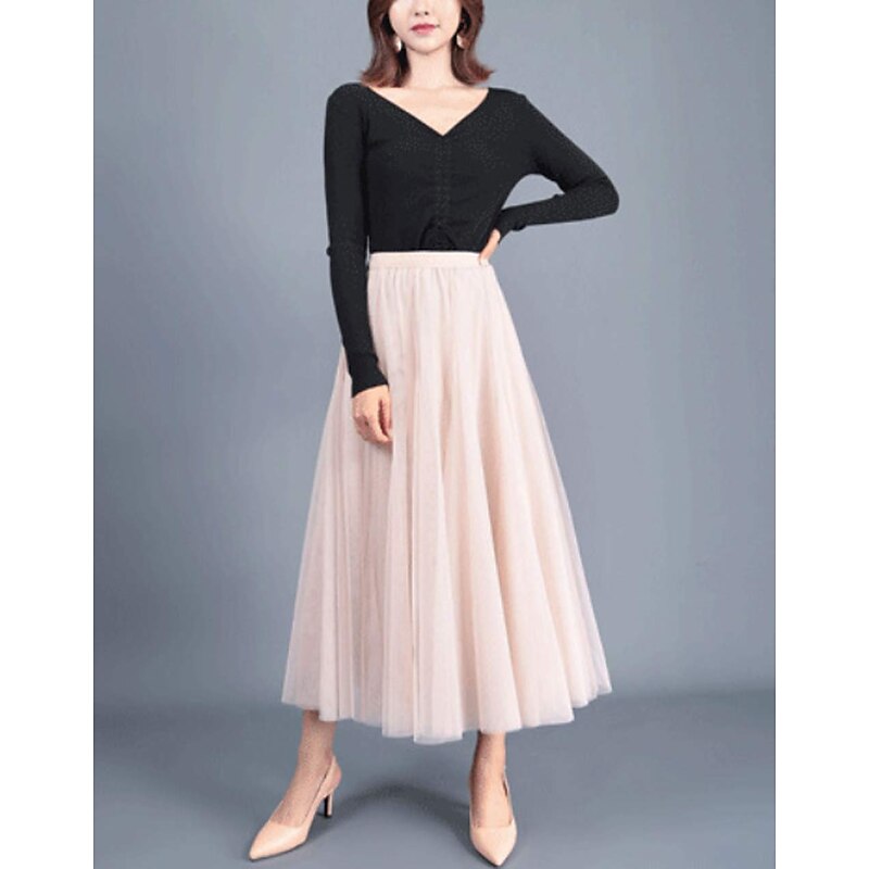 Women's Skirt Tutu Midi Skirts Tulle Chiffon Print Solid Colored Birthday Party Casual Daily Spring & Summer Preppy Black White Pink Camel4