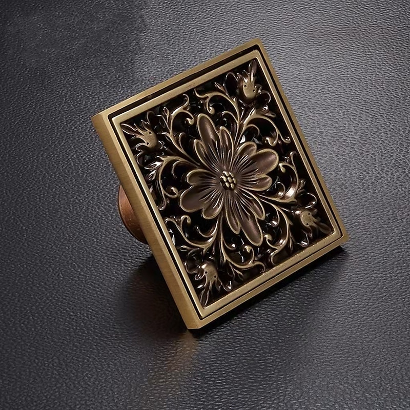10cm Brass Bathroom Floor Drain, Art Carved Flower Pattern Square Shower Sink Drain Strainer Cover Grate Drain with Removable Cover for Hotel Home2