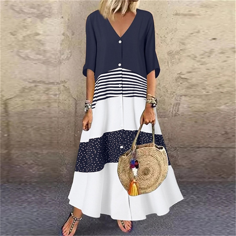 Women's Casual Dress Swing Dress Long Dress Maxi Dress Brown Half Sleeve Color Block Button Summer Spring V Neck Basic 2023 5XL