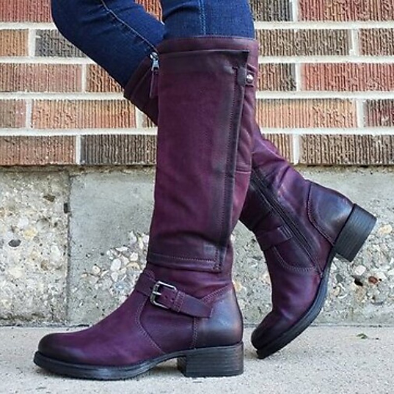 Women's Purple Knee-High Riding Boots with Buckle Strap, Vintage Faux Leather Style for Casual Fall Outfits, Outdoor Walking and Horseback Riding2