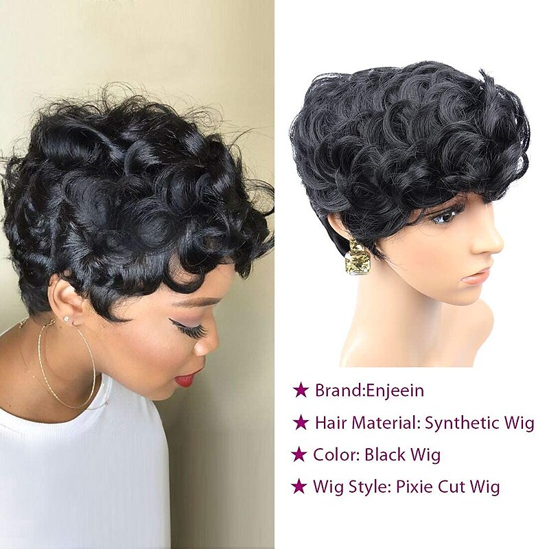 Short Hair Wigs Wavy Short Pixie Wigs Pixie Cut Wigs for Women Fluffy Natural Synthetic Wigs Bangs Black Daily Party3