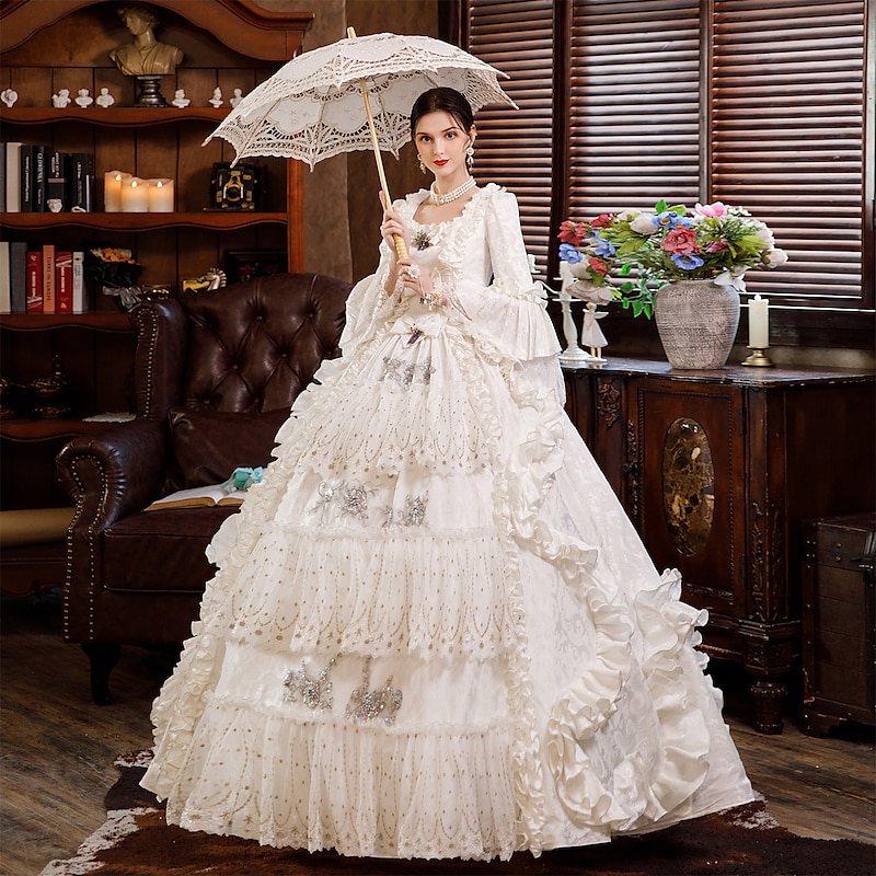 Rococo Victorian Vintage Inspired Floor Length Dress Party Costume Masquerade Flare Cuff Sleeve Princess Shakespeare Bridal Solid Color Ball Gown Square Neck Fancy Dress Women's Christmas Carnival3