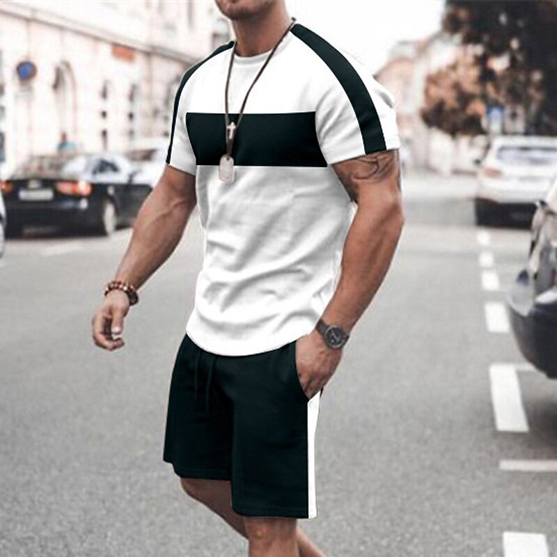 Men's T-shirt Suits Tracksuit Tennis Shirt Shorts and T Shirt Set Short Sleeve Crew Neck Spring & Summer Color Block Sports Fashion Designer 2 Piece Outdoor Street Casual Black White Yellow Top Tee