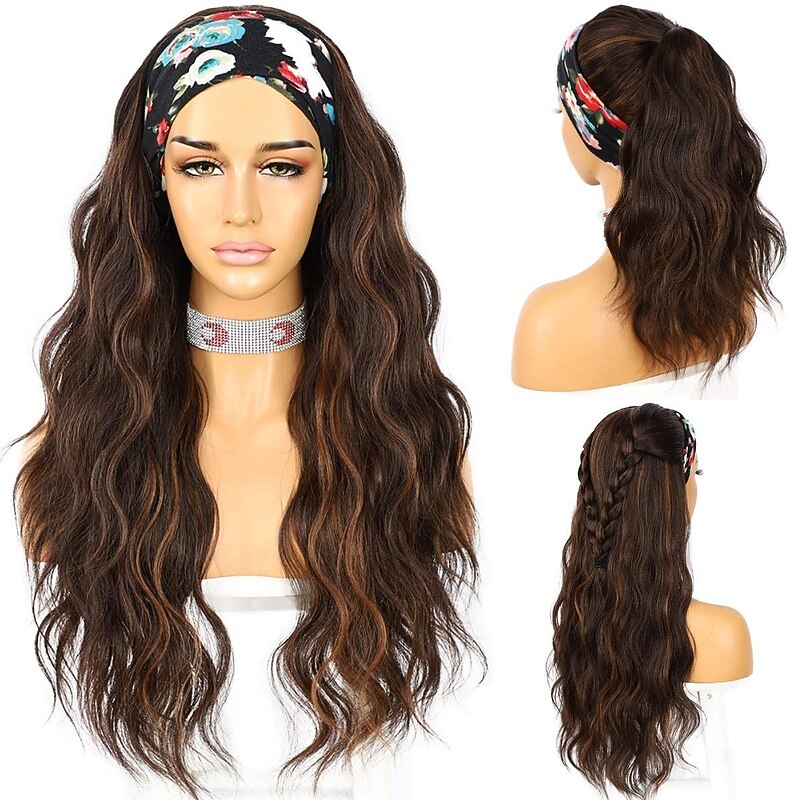 Headband Wigs Glueless Headband Wig Loose Body Wavy Synthetic Hair Wigs for Black Women Wave None Lace Front Wigs Mix Brown Color Machine Made Wigs 150% Density 26inch - Main Image