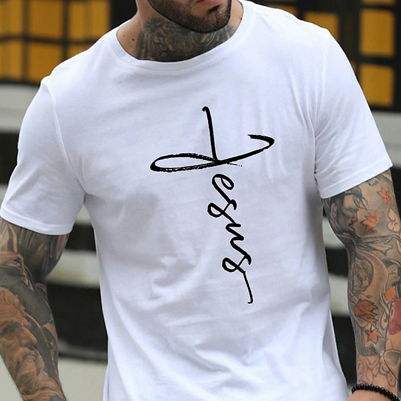 Men's Christian Faith Jesus Cross Graphic T-Shirt Short Sleeve Blue2