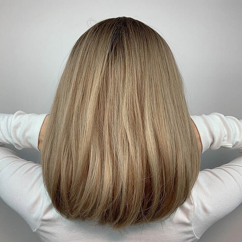 Synthetic Wig Natural Straight With Bangs Wig 16 inch Ombre Brown Synthetic Hair Women's Natural Fashion Fluffy Brown2