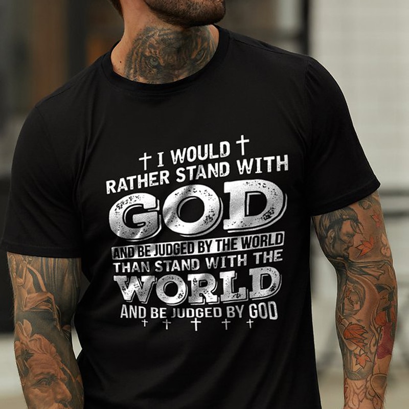Men's Short Sleeve Graphic T-Shirt: 'Stand With God & Be Judged By The World' Religious Faith Tee