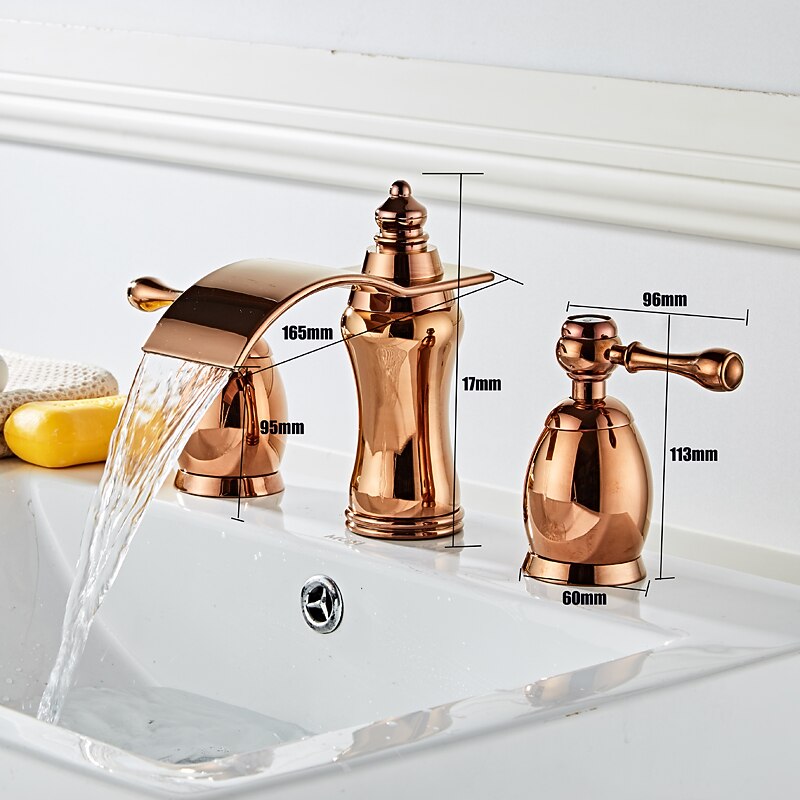 Widespread Bathroom Sink Faucet,Two Handle Three Holes Waterfall Electroplated Bath Taps3