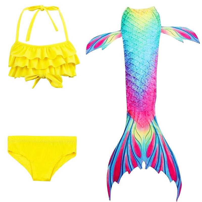 Kids Girls' Three Piece Mermaid Swimwear Bikini Bikini Swimming Children's Day Color Block Cute Sexy Patchwork Bathing Suits 3-10 Years Summer Yellow4