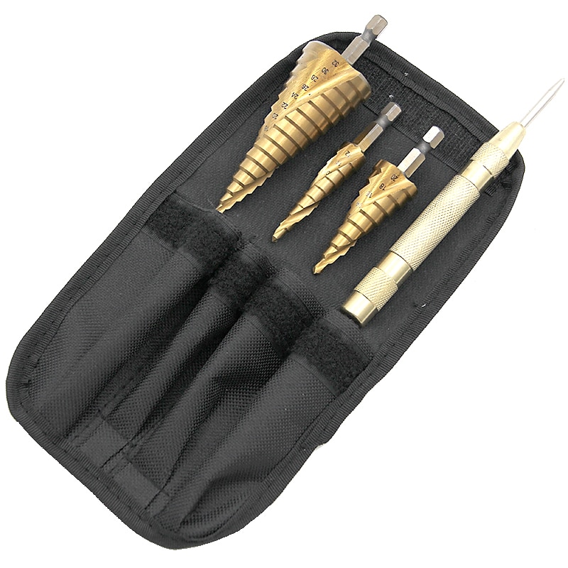 Step Drill Nylon Bag Packing 3pcs HSS Spiral Grooved Core Cone With Center Punch Bits1/4 Hex Shank 4mm To 12mm 20mm 32mm Chamfer Hole Cut Cutter
