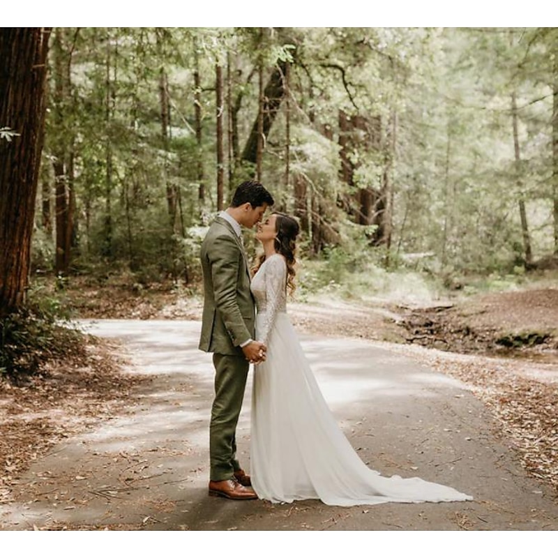 Beach Wedding Beach Open Back Boho Wedding Dresses A-Line Scoop Neck Long Sleeve Sweep / Brush Train Lace Bridal Gowns With Pleats Appliques 5